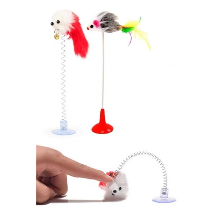 TUFEYO 2li Vantuzlu Fareli Tüylü Hareketli Çanlı ve Esneyen Eğlenceli Peluş Kedi Oyuncağı