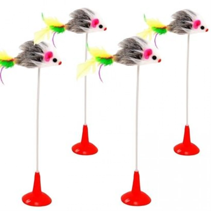 TUFEYO 2li Vantuzlu Fareli Tüylü Hareketli Çanlı ve Esneyen Eğlenceli Peluş Kedi Oyuncağı