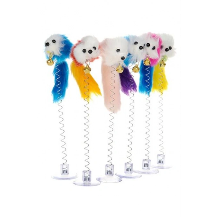 TUFEYO 2li Vantuzlu Fareli Tüylü Hareketli Çanlı ve Esneyen Eğlenceli Peluş Kedi Oyuncağı