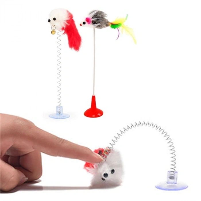 TUFEYO 2li Vantuzlu Fareli Tüylü Hareketli Çanlı ve Esneyen Eğlenceli Peluş Kedi Oyuncağı
