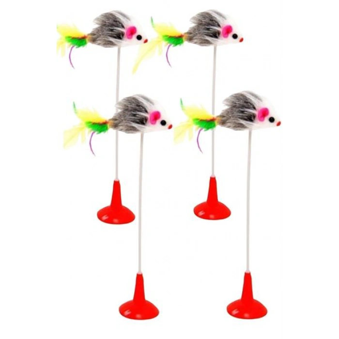 TUFEYO 2li Vantuzlu Fareli Tüylü Hareketli Çanlı ve Esneyen Eğlenceli Peluş Kedi Oyuncağı