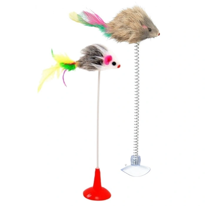 TUFEYO 2li Vantuzlu Fareli Tüylü Hareketli Çanlı ve Esneyen Eğlenceli Peluş Kedi Oyuncağı