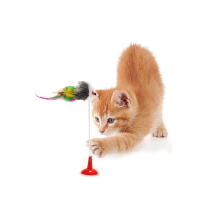 TUFEYO 2li Vantuzlu Fareli Tüylü Hareketli Çanlı ve Esneyen Eğlenceli Peluş Kedi Oyuncağı