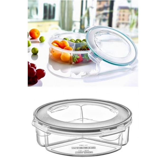 TUFEYO 3 Bölmeli Sızdırmaz Contalı Kilitli Kapaklı 1,35 Litre yuvarlak Erzak Saklama Kabı LC-500