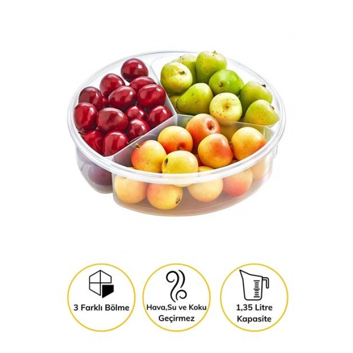 TUFEYO 3 Bölmeli Sızdırmaz Contalı Kilitli Kapaklı 1,35 Litre yuvarlak Erzak Saklama Kabı LC-500