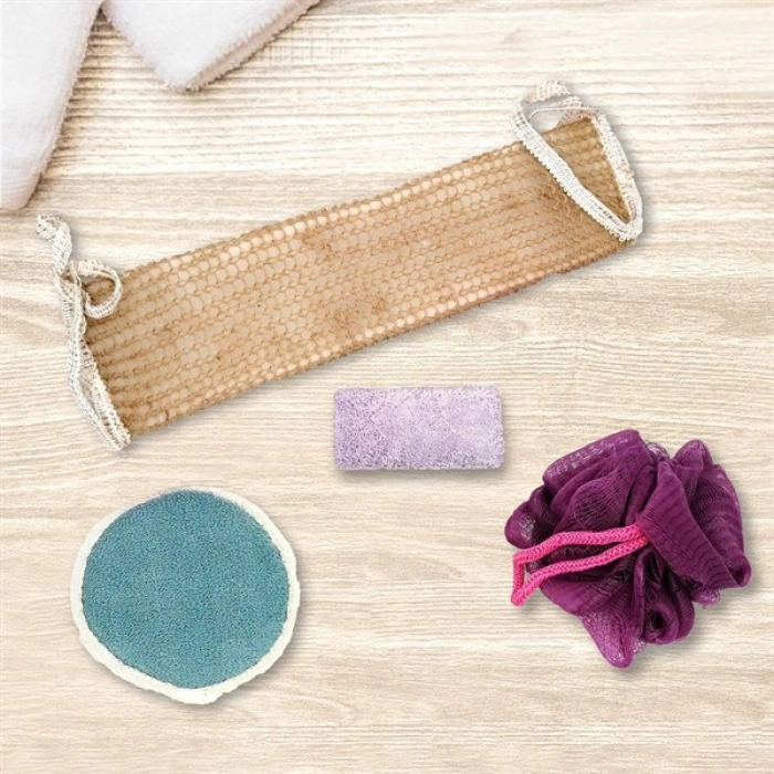 TUFEYO 4 Parçalı Banyo Duş Lifi Seti Vücut Sırt Yüz Lifi Ponza Taşı