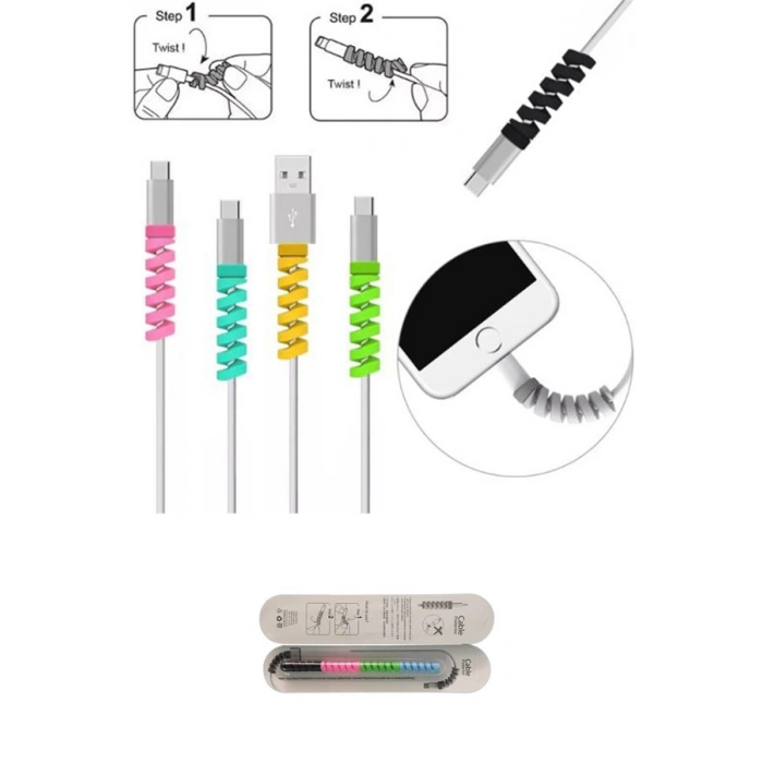 TUFEYO 4lü Apple, Android Şaj Kablosu Koruyucu Silikon Spiral Yay Aparat