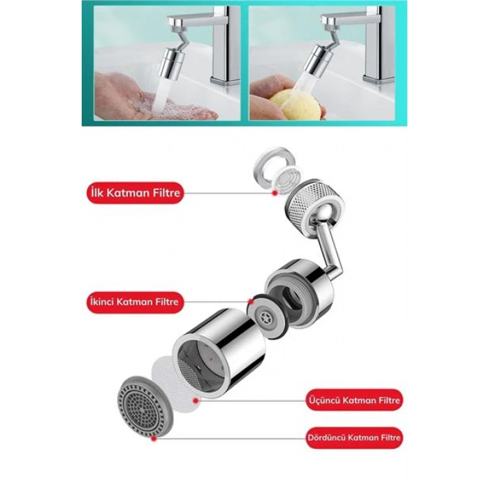 TUFEYO  720 Derece Dönebilen 4 Filtreli Tüm Musluk Tipleri İle Uyumlu Montaj Aparatlı Musluk Başlık