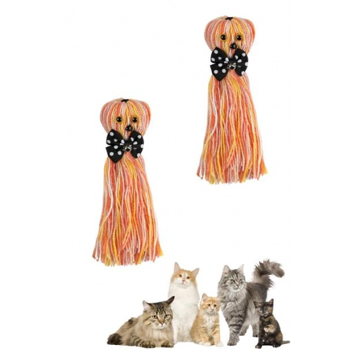 TUFEYO Ahtapot Şekilli Zilli Ve İpli Rengarenk Püsküllü Sevimli Kedi Oyuncağı