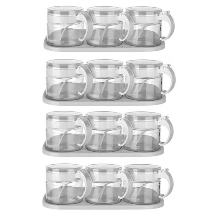 TUFEYO  Beyaz 3lü Standlı Kapaklı Kaşıklı Cam Hava Sızdırmaz Baharatlık Takımı KC-386