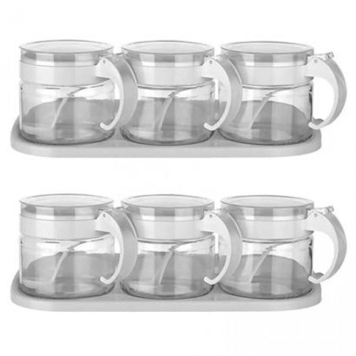 TUFEYO  Beyaz 3lü Standlı Kapaklı Kaşıklı Cam Hava Sızdırmaz Baharatlık Takımı KC-386