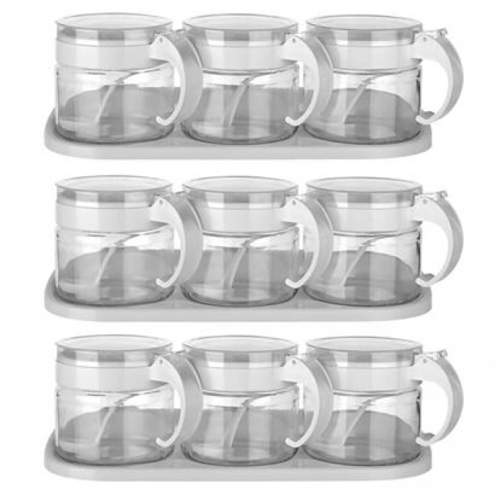 TUFEYO  Beyaz 3lü Standlı Kapaklı Kaşıklı Cam Hava Sızdırmaz Baharatlık Takımı KC-386