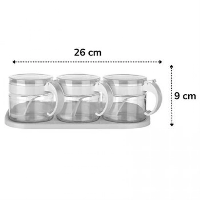 TUFEYO  Beyaz 3lü Standlı Kapaklı Kaşıklı Cam Hava Sızdırmaz Baharatlık Takımı KC-386