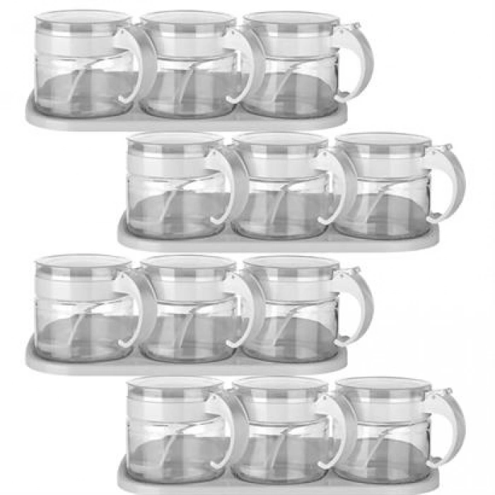 TUFEYO  Beyaz 3lü Standlı Kapaklı Kaşıklı Cam Hava Sızdırmaz Baharatlık Takımı KC-386