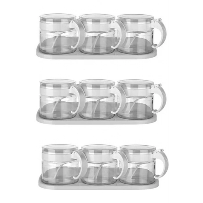 TUFEYO  Beyaz 3lü Standlı Kapaklı Kaşıklı Cam Hava Sızdırmaz Baharatlık Takımı KC-386