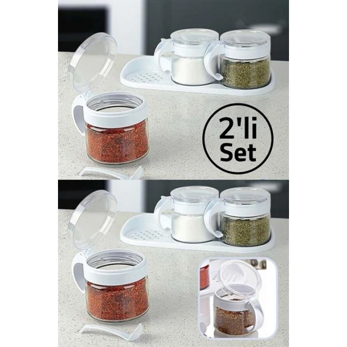 TUFEYO  Beyaz 3lü Standlı Kapaklı Kaşıklı Cam Hava Sızdırmaz Baharatlık Takımı KC-386
