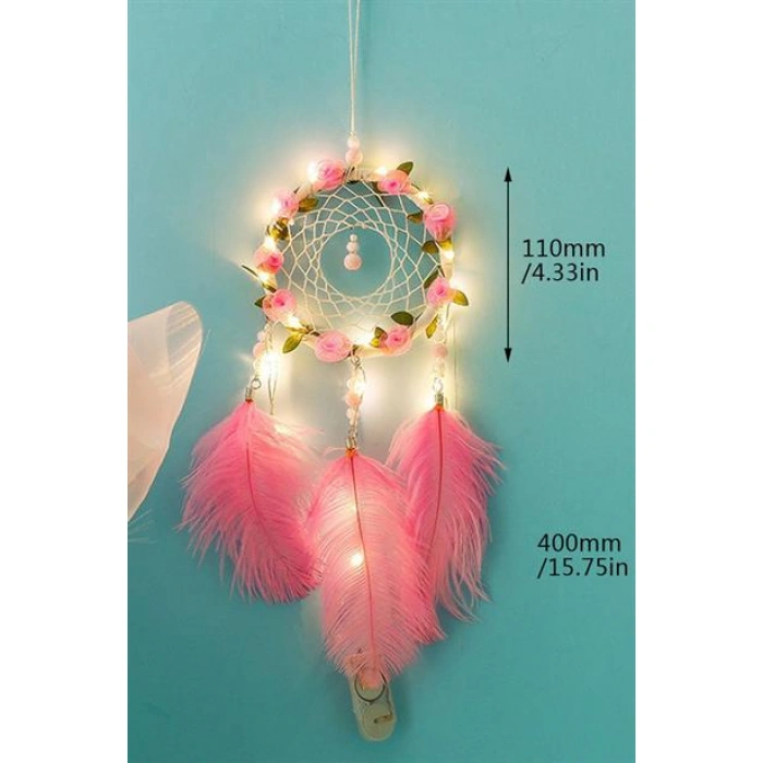 TUFEYO El Yapımı Kuş Tüyü ve Led Işıklı Dekoratif Asma Düş Rüya Kapanı