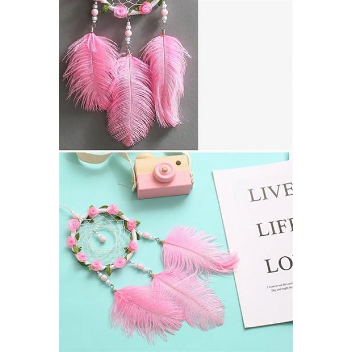 TUFEYO El Yapımı Kuş Tüyü ve Led Işıklı Dekoratif Asma Düş Rüya Kapanı