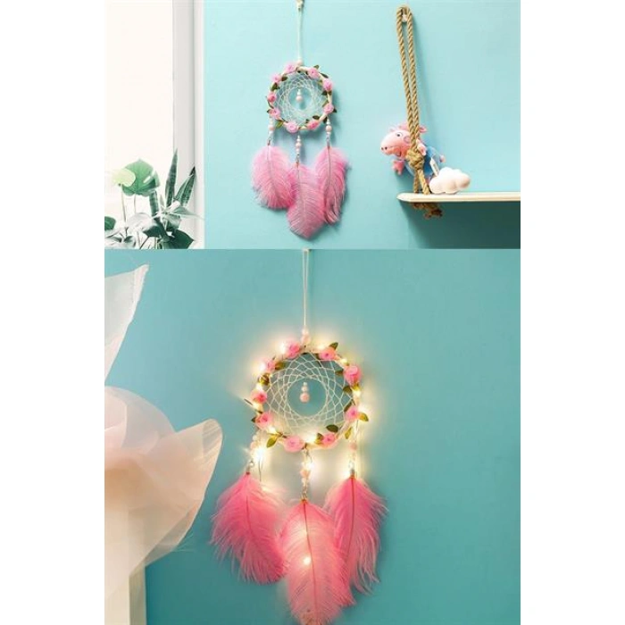 TUFEYO El Yapımı Kuş Tüyü ve Led Işıklı Dekoratif Asma Düş Rüya Kapanı