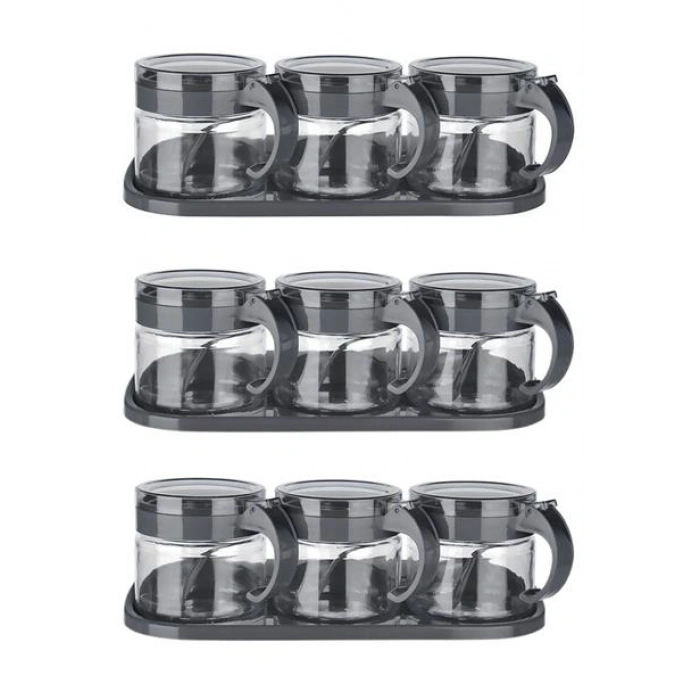 TUFEYO  Gri  3lü Standlı Kapaklı Kaşıklı Cam Hava Sızdırmaz Baharatlık Takımı KC-386