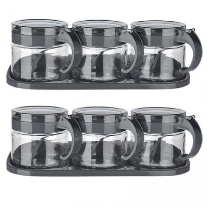 TUFEYO  Gri  3lü Standlı Kapaklı Kaşıklı Cam Hava Sızdırmaz Baharatlık Takımı KC-386