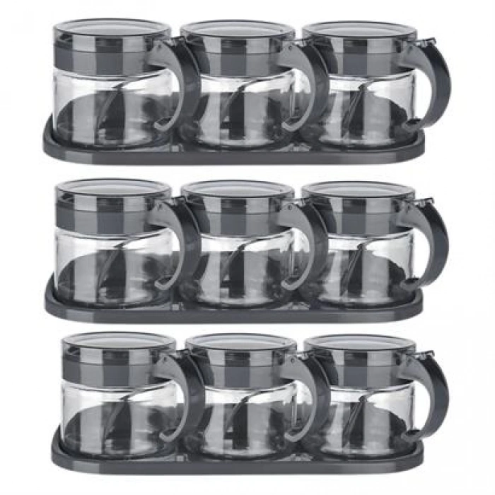 TUFEYO  Gri  3lü Standlı Kapaklı Kaşıklı Cam Hava Sızdırmaz Baharatlık Takımı KC-386