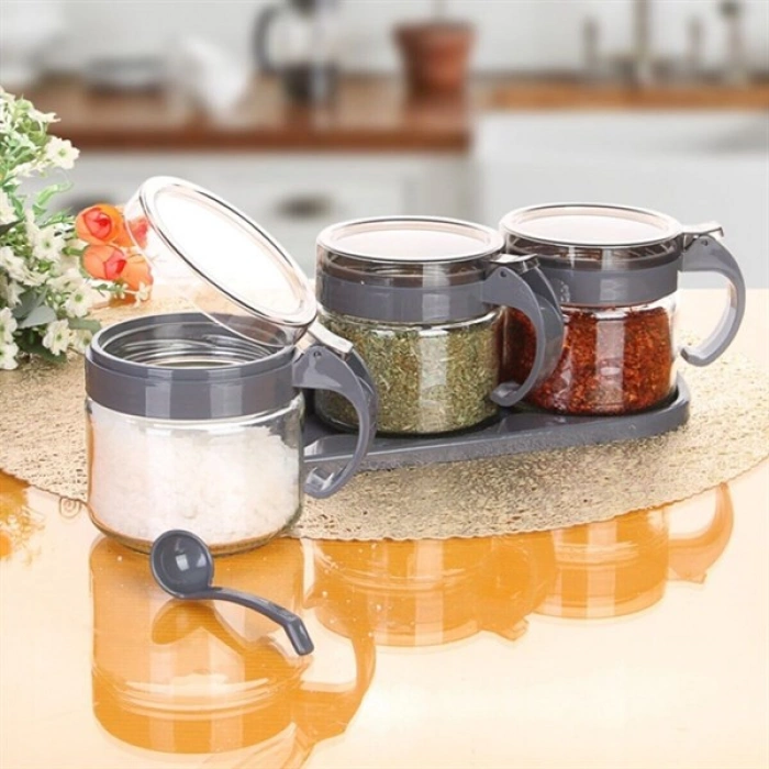 TUFEYO  Gri  3lü Standlı Kapaklı Kaşıklı Cam Hava Sızdırmaz Baharatlık Takımı KC-386