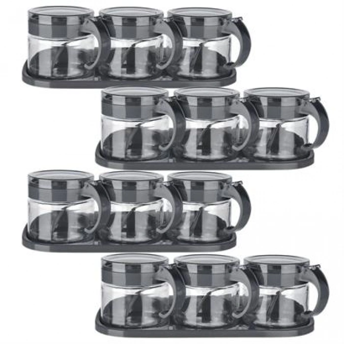 TUFEYO  Gri  3lü Standlı Kapaklı Kaşıklı Cam Hava Sızdırmaz Baharatlık Takımı KC-386