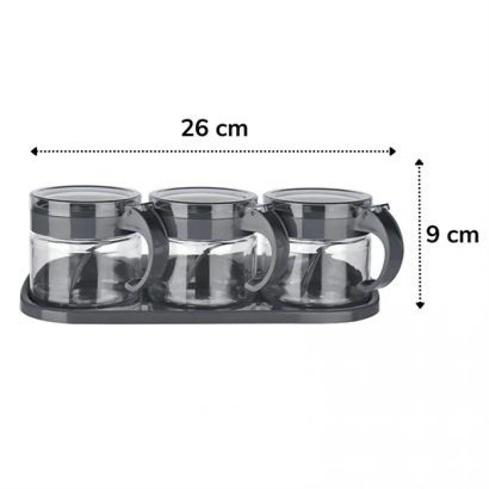 TUFEYO  Gri  3lü Standlı Kapaklı Kaşıklı Cam Hava Sızdırmaz Baharatlık Takımı KC-386