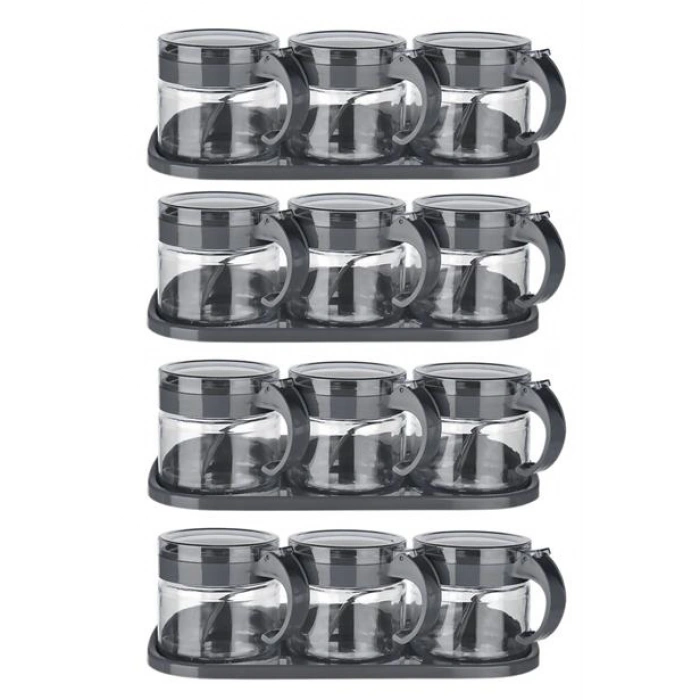 TUFEYO  Gri  3lü Standlı Kapaklı Kaşıklı Cam Hava Sızdırmaz Baharatlık Takımı KC-386