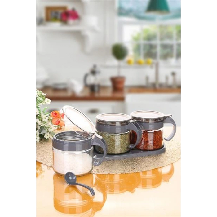 TUFEYO  Gri  3lü Standlı Kapaklı Kaşıklı Cam Hava Sızdırmaz Baharatlık Takımı KC-386