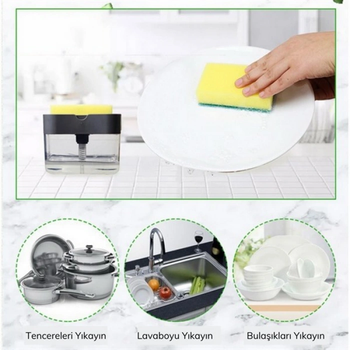 TUFEYO İkisi Bir Arada  Basmalı Pratik Sıvı Sabunluk Pompası ve Bulaşık Yıkama Süngeri Haznesi