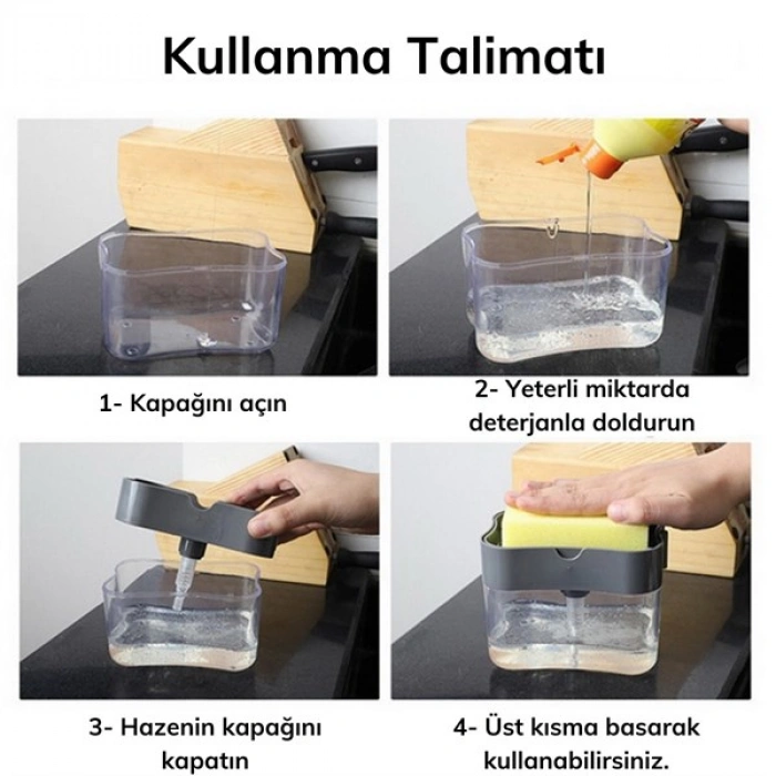TUFEYO İkisi Bir Arada  Basmalı Pratik Sıvı Sabunluk Pompası ve Bulaşık Yıkama Süngeri Haznesi