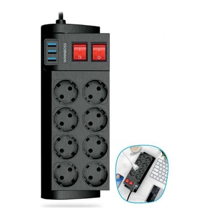 TUFEYO Isıya Dayanıklı Termal Akım Korumalı 2 Metre 16A 4000W 8li Priz ve 3 Usb Li Uzatma Kablosu