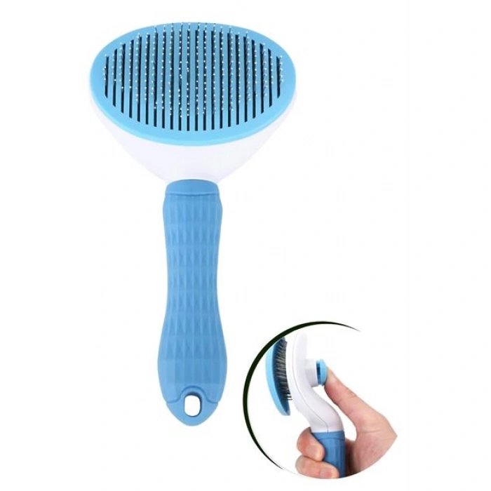 TUFEYO Kedi Köpek Tüy Toplayıcı Kendini Temizleyebilen Ergonomik Saplı Evcil Hayvan Tarağı Mavi