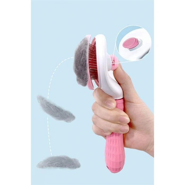 TUFEYO Kedi Köpek Tüy Toplayıcı Kendini Temizleyebilen Ergonomik Saplı Evcil Hayvan Tarağı Pembe