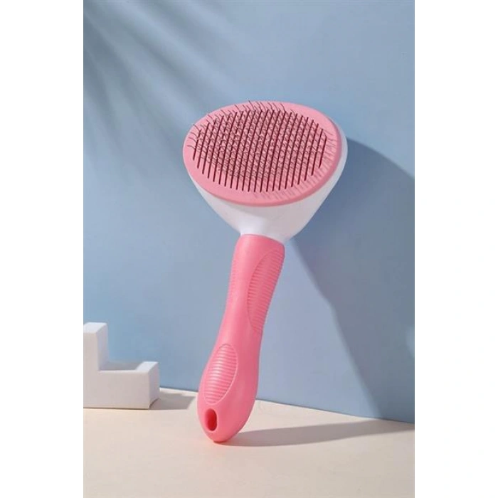 TUFEYO Kedi Köpek Tüy Toplayıcı Kendini Temizleyebilen Ergonomik Saplı Evcil Hayvan Tarağı Pembe