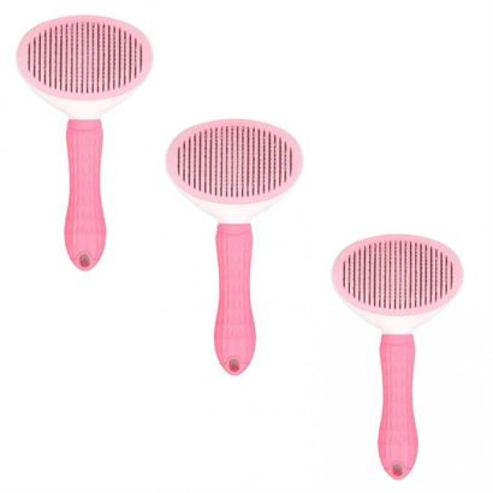 TUFEYO Kedi Köpek Tüy Toplayıcı Kendini Temizleyebilen Ergonomik Saplı Evcil Hayvan Tarağı Pembe