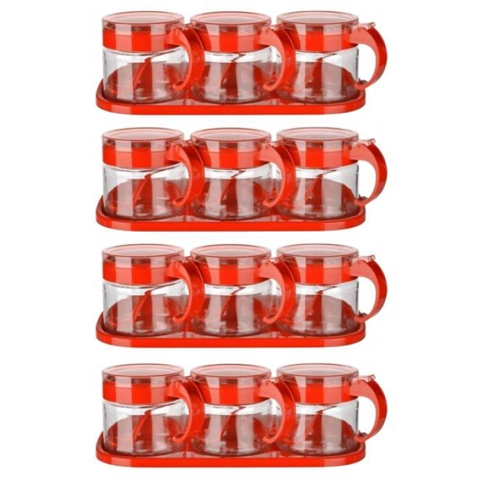 TUFEYO  Kırmızı 3lü Standlı Kapaklı Kaşıklı Cam Hava Sızdırmaz Baharatlık Takımı  KC-386