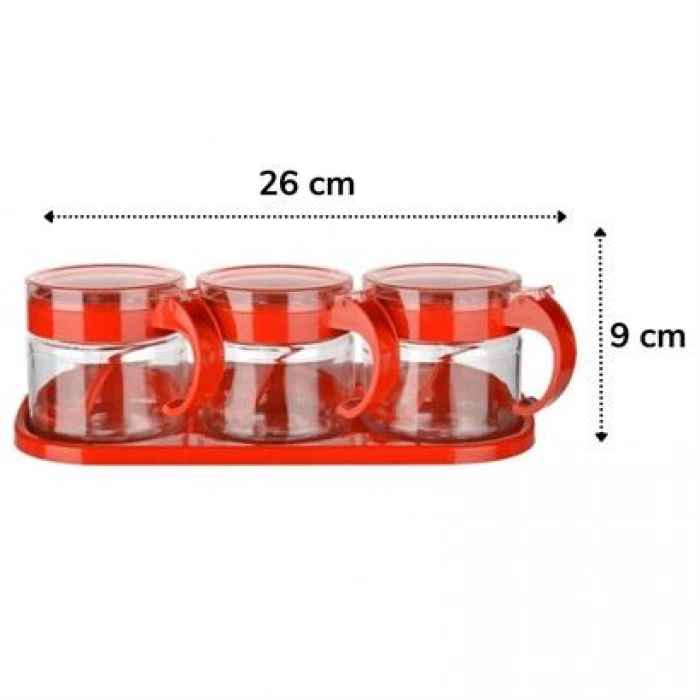 TUFEYO  Kırmızı 3lü Standlı Kapaklı Kaşıklı Cam Hava Sızdırmaz Baharatlık Takımı  KC-386