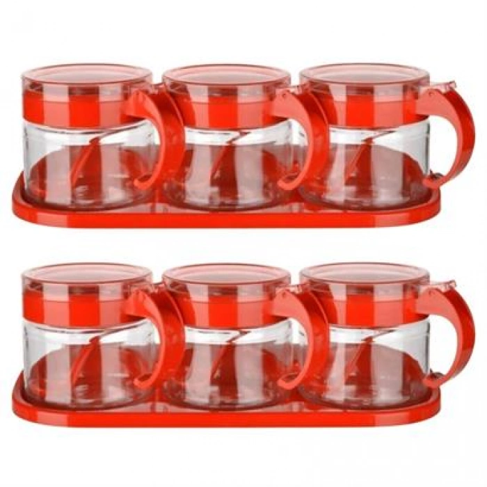 TUFEYO  Kırmızı 3lü Standlı Kapaklı Kaşıklı Cam Hava Sızdırmaz Baharatlık Takımı  KC-386