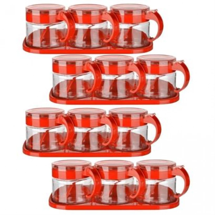 TUFEYO  Kırmızı 3lü Standlı Kapaklı Kaşıklı Cam Hava Sızdırmaz Baharatlık Takımı  KC-386