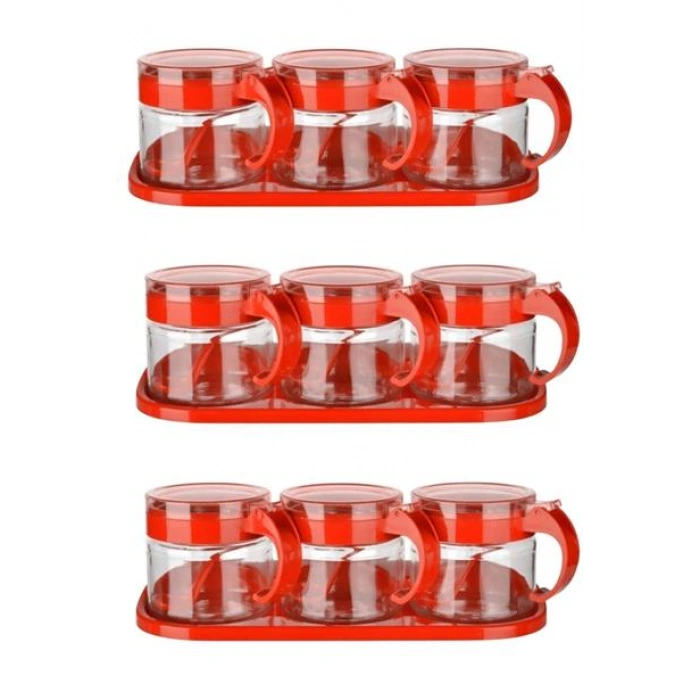 TUFEYO  Kırmızı 3lü Standlı Kapaklı Kaşıklı Cam Hava Sızdırmaz Baharatlık Takımı  KC-386