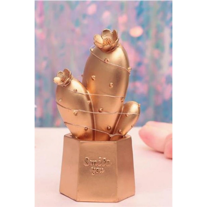 TUFEYO Led Işıklı Sevimli Kaktüs Dekoratif Masa Lambası Mini Biblo Gece Lambası Gold