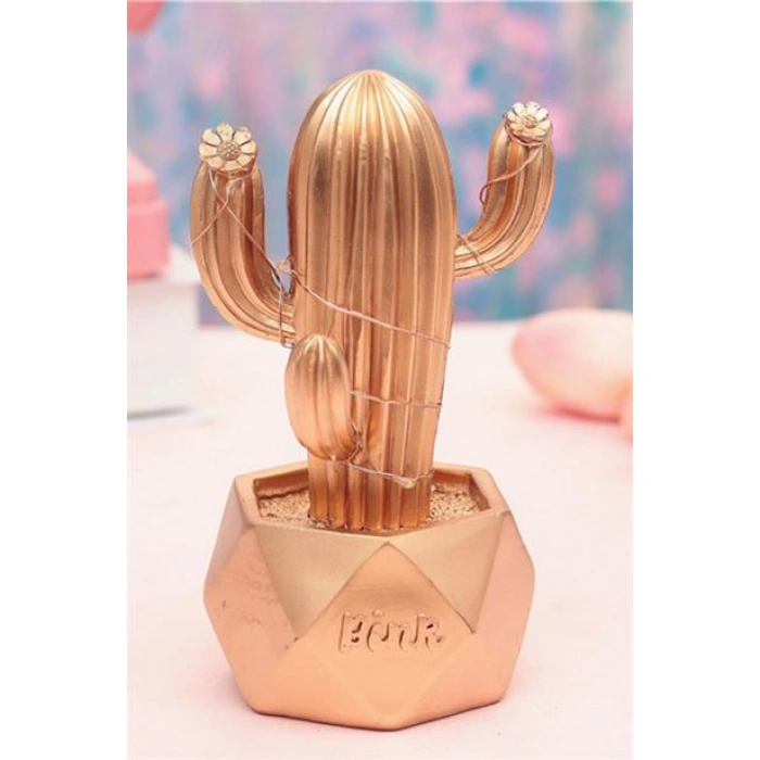 TUFEYO Led Işıklı Sevimli Kaktüs Dekoratif Masa Lambası Mini Biblo Gece Lambası-GOLD