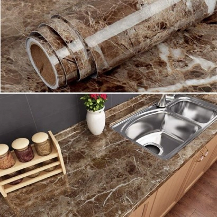 TUFEYO Mermer Desenli Masa Tezgah Mutfak Su Geçirmez Yapışkanlı Folyo Sticker  Kahverengi 5x0,6m