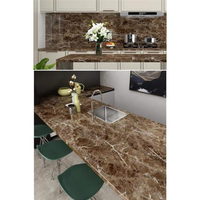 TUFEYO Mermer Desenli Masa Tezgah Mutfak Su Geçirmez Yapışkanlı Folyo Sticker  Kahverengi 5x0,6m
