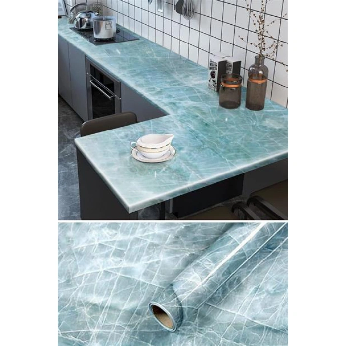 TUFEYO Mermer Desenli Masa Tezgah Mutfak Su Geçirmez Yapışkanlı Folyo Sticker Mavi 5x0,6m