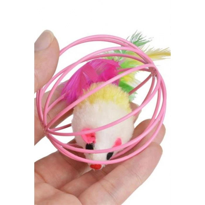 TUFEYO Renkli Metal Kafesli Peluş Fareli Kedi Köpek Oyuncağı Oyun Topu 6 cm