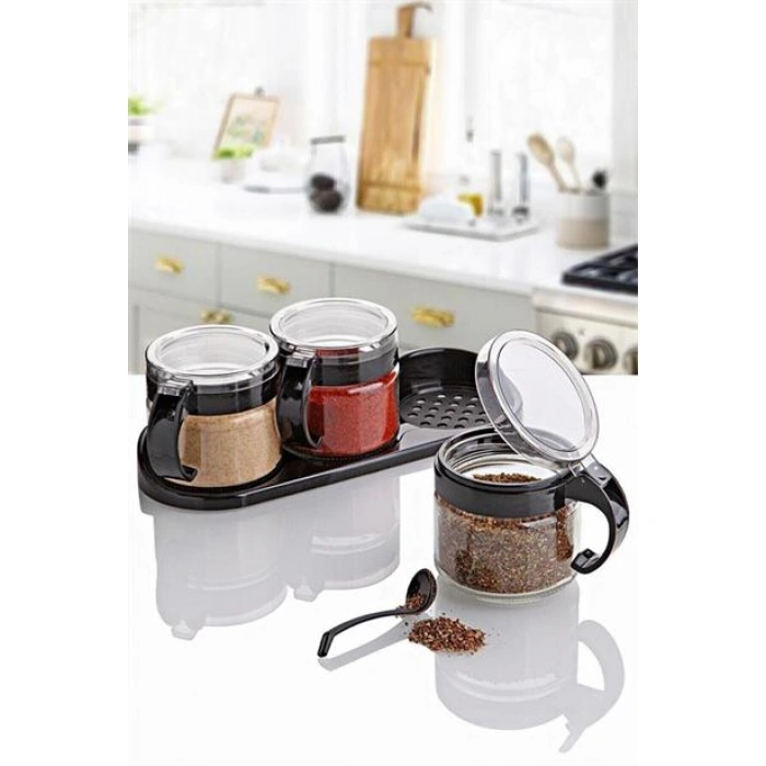 TUFEYO  Siyah 3lü Standlı Kapaklı Kaşıklı Cam Hava Sızdırmaz Baharatlık Takımı KC-386